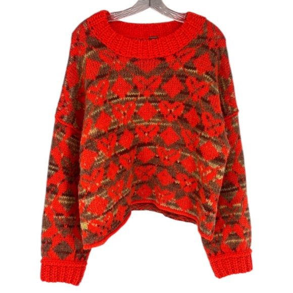 Free People Wool Blend Orange Heart Argyle Chunky Colorful Oversized Sweater M - Picture 2 of 7